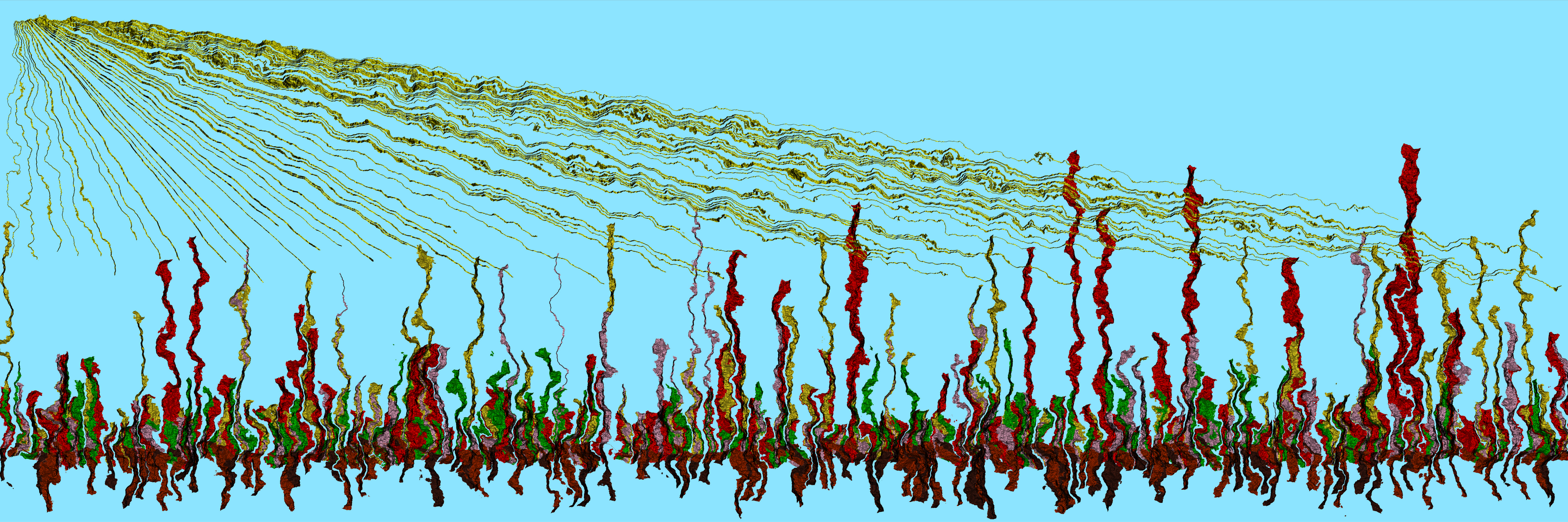 Abstract colourful art print of roots and plants growing in sun rays on a light blue background