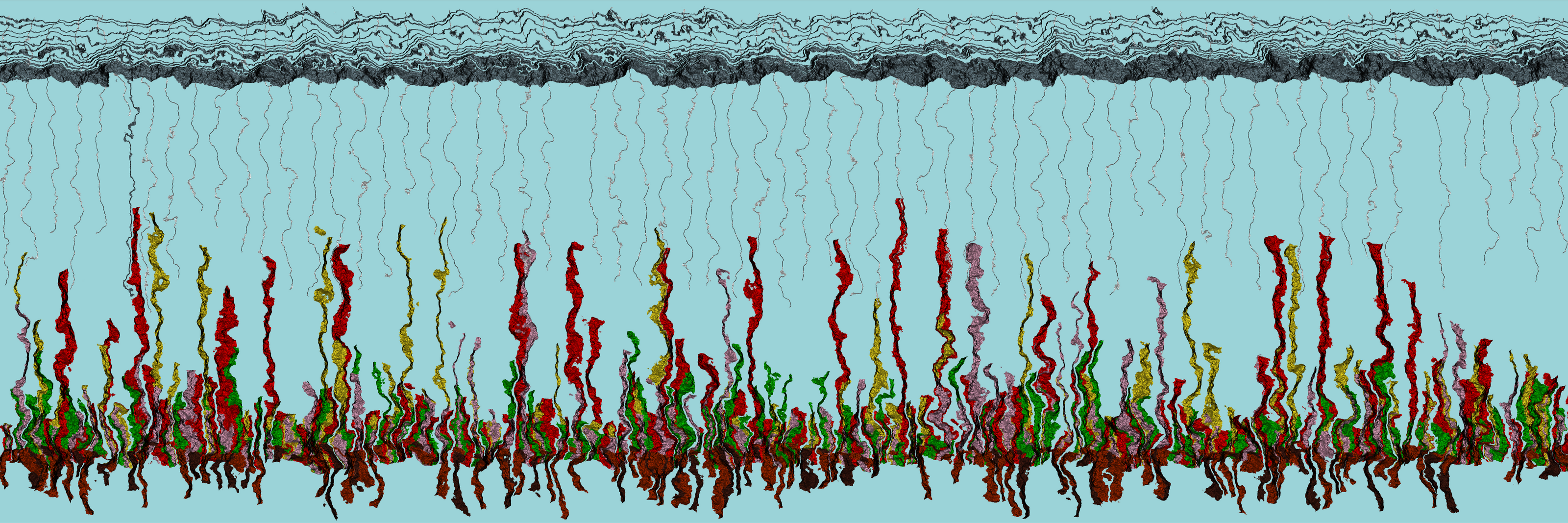 Abstract colourful art print of roots and plants growing in the cloudy rain on a blue background