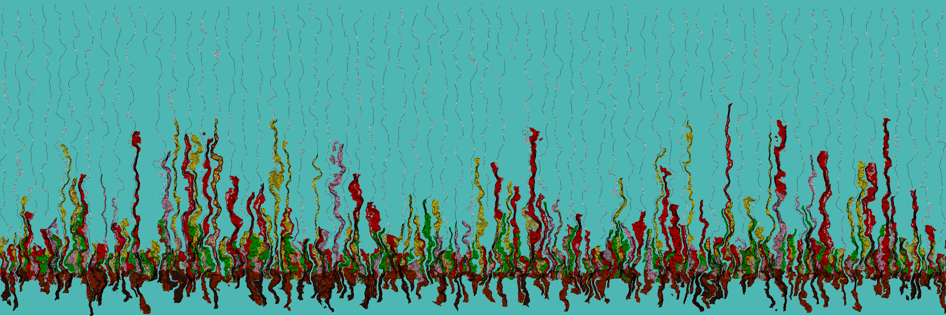 Abstract colourful art print of roots and plants growing on a green background