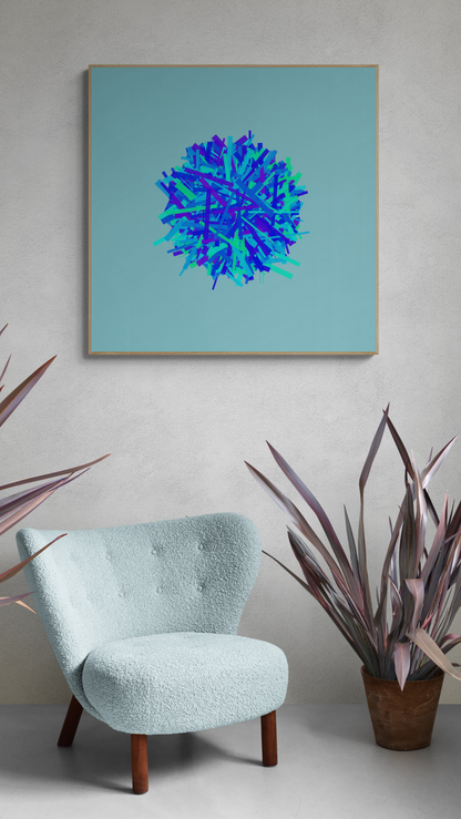 Framed abstract art print of blue, green and purple lines in a circular pattern on a light blue background on a wall above a light blue chair with plants around.