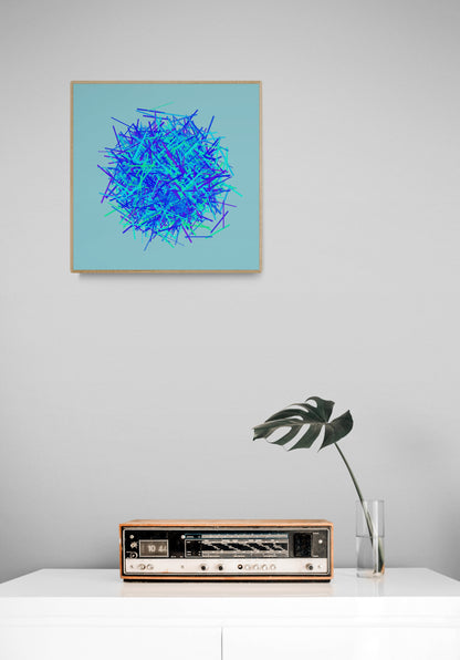 Abstract art print of blue, green and purple lines in a circular pattern on a light blue backgroundon a light gray wall above a vintage radio.