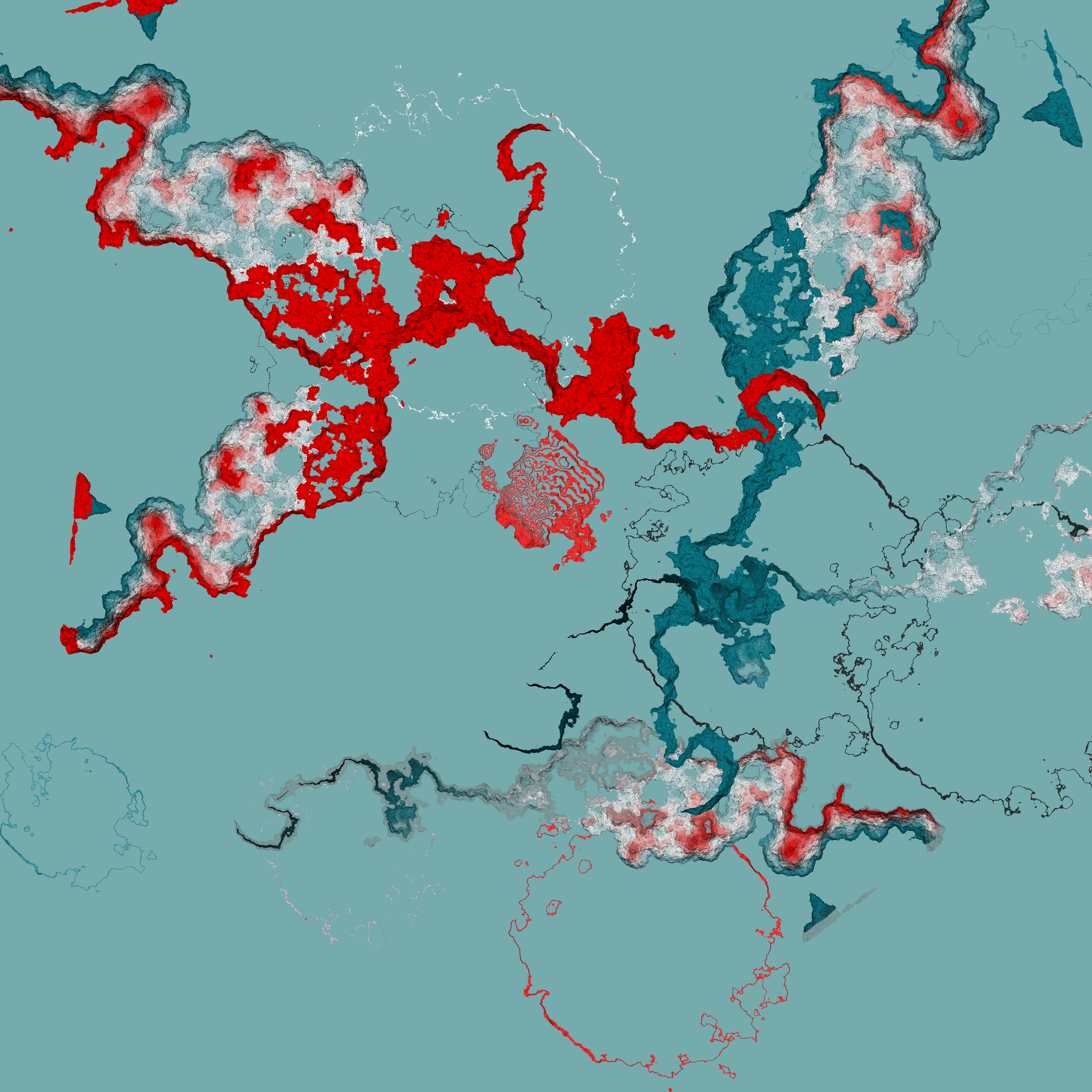 Abstract print with red, blue and black color shapes on a green background