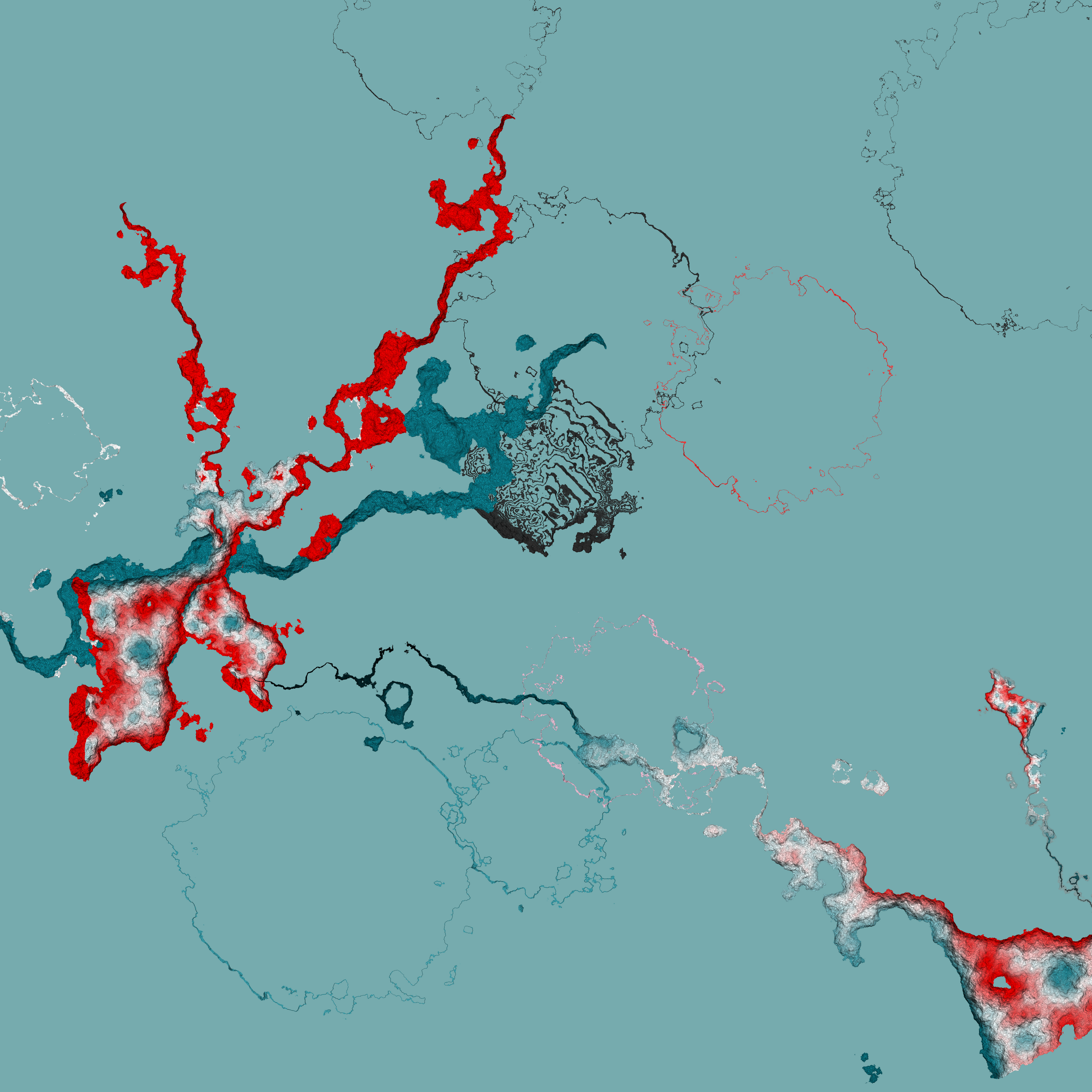 Abstract print with red, blue and black color shapes on a green background