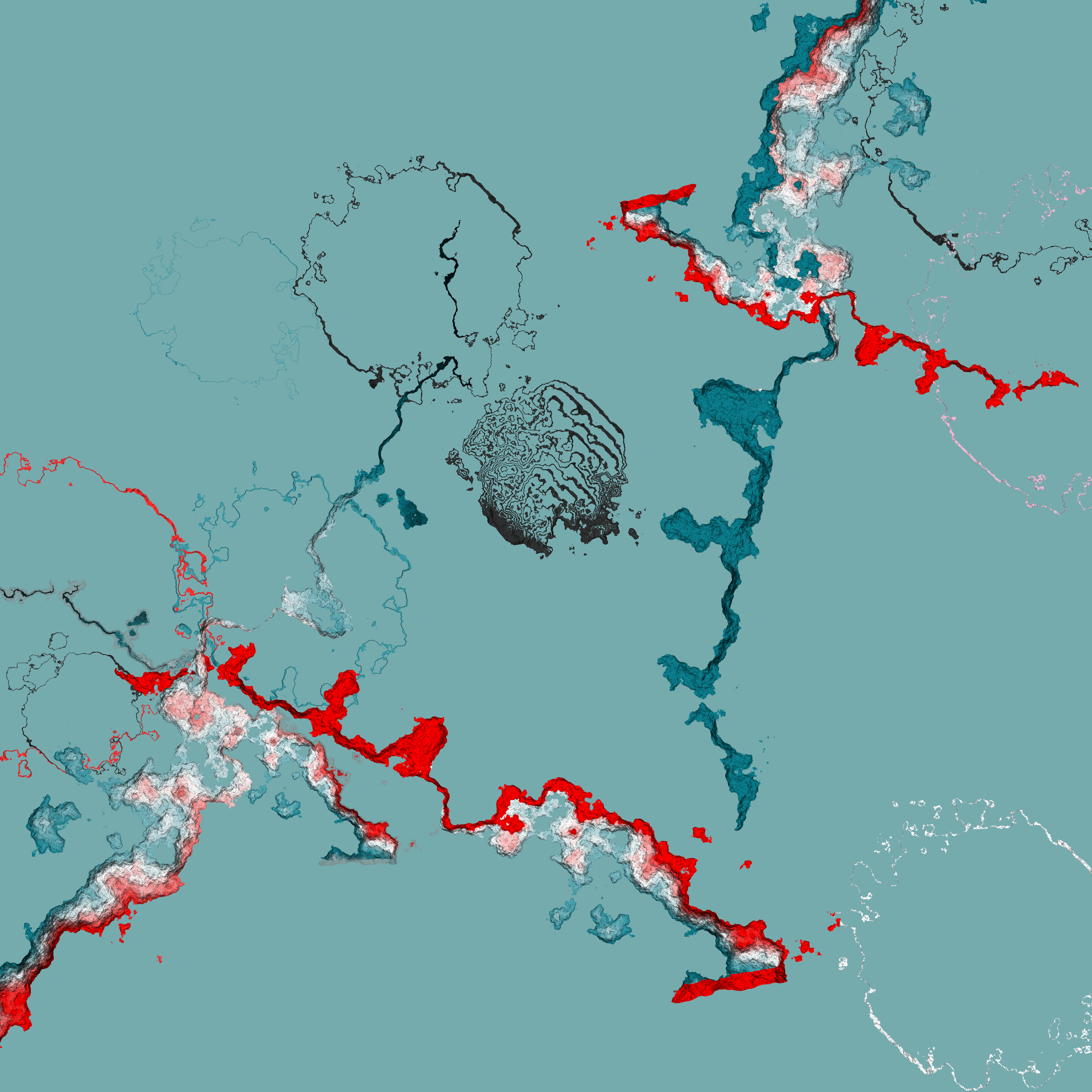 Abstract print with red, blue and black color shapes on a green background