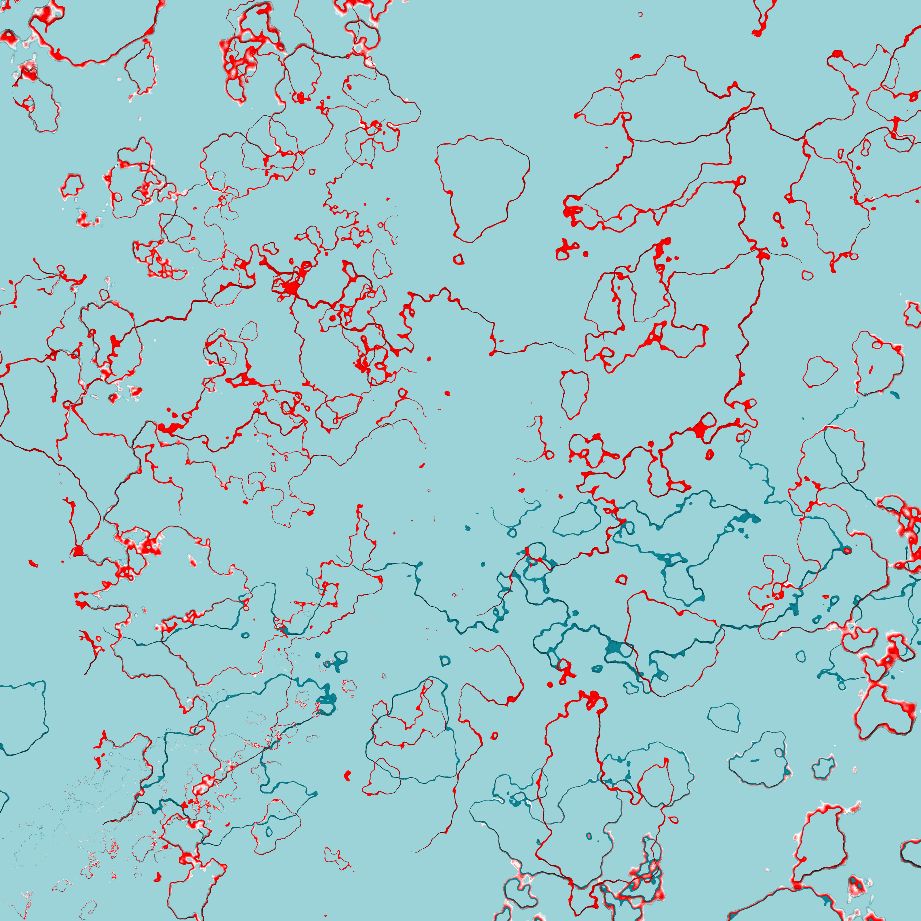 Abstract print of red lines and shapes on a blue background