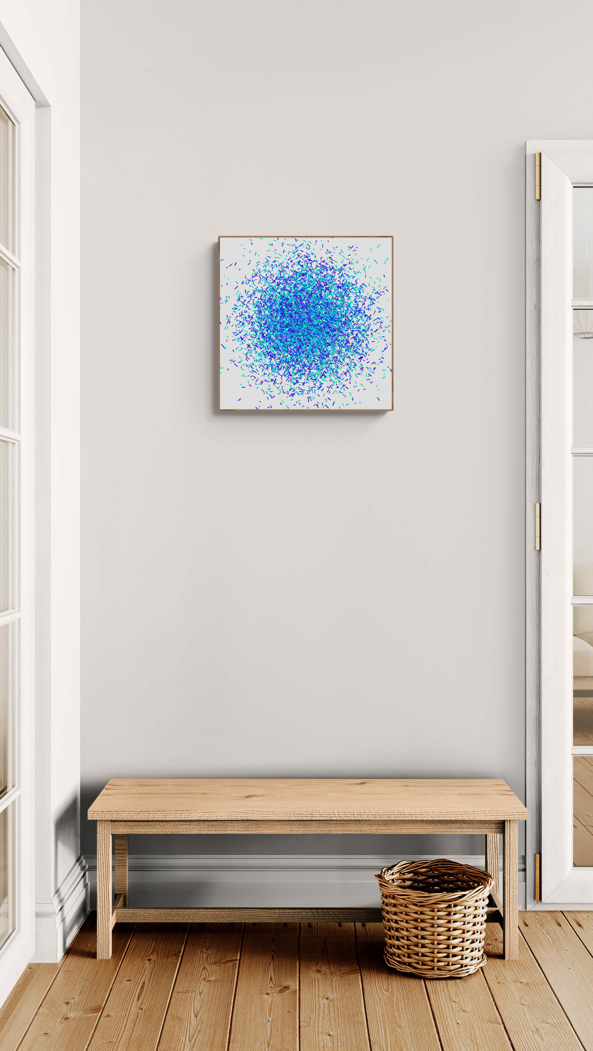 Modern interior with a wooden bench, woven basket, and colorful green blue confetti patterned abstract art print on a white background on a white wall.