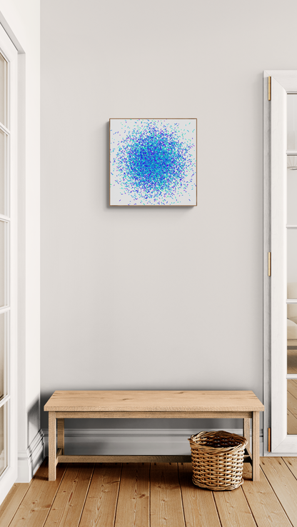 Modern interior with a wooden bench, woven basket, and colorful green blue confetti patterned abstract art print on a white background on a white wall.