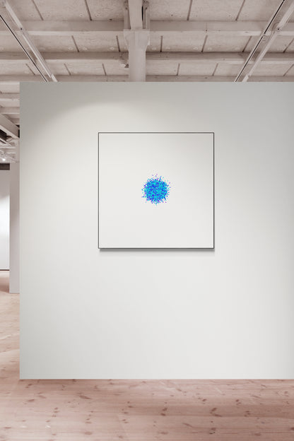 Blue and green colour particle like circle abstract art print on a white background on a white wall in an art gallery.