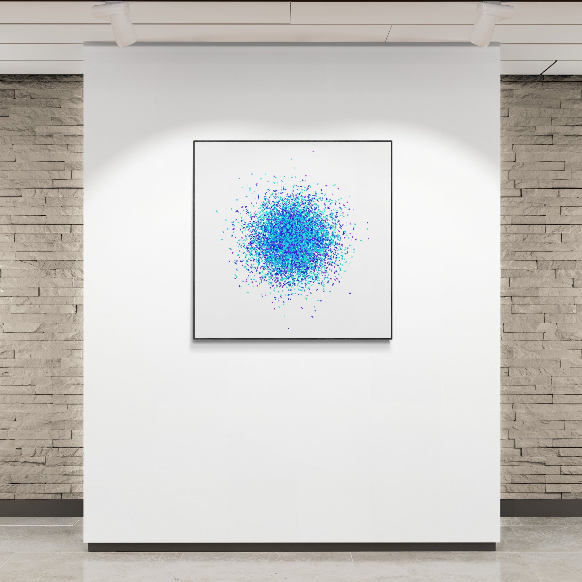 Framed abstract artwork print with blue and white pattern on a white wall.