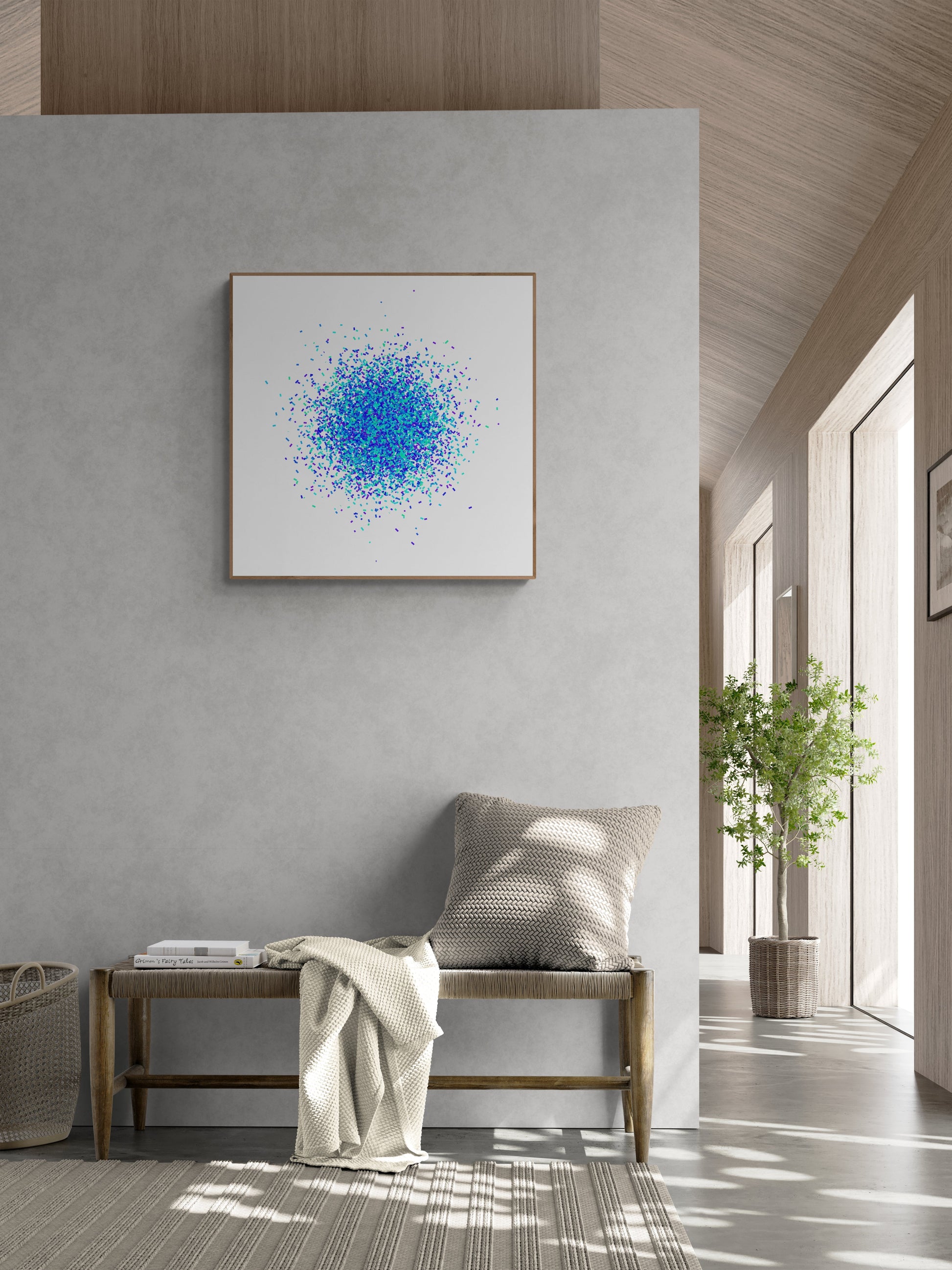 Modern interior with a bench, plant, and blue and green confetti like patterned abstract print on a white background on a gray wall.