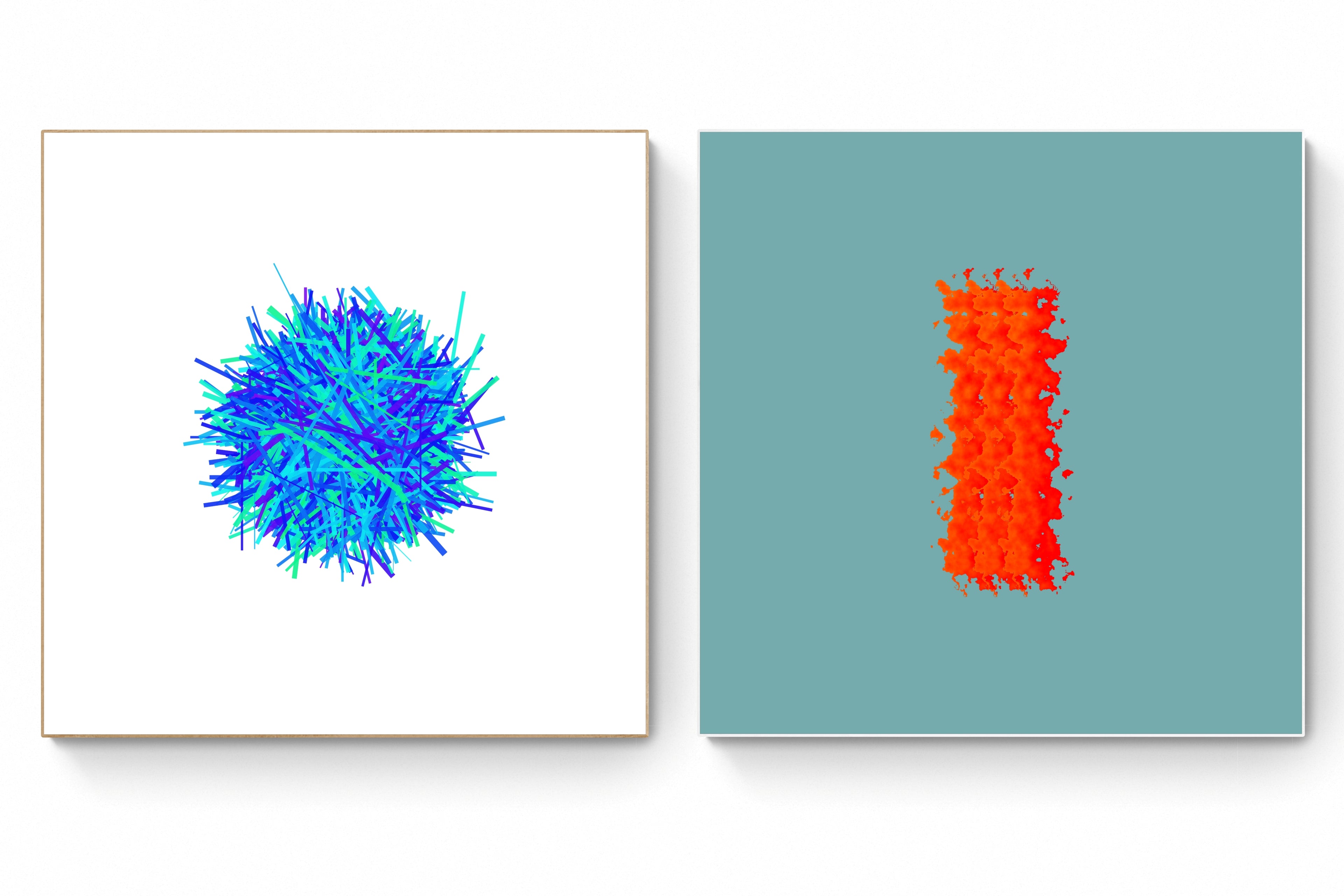 Two abstract art prints, one blue and one orange, on a white background