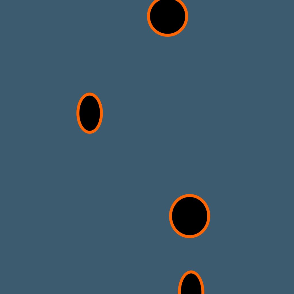 Abstract, generative art print of multiple black circular shapes with orange outlines on a dark grey background.