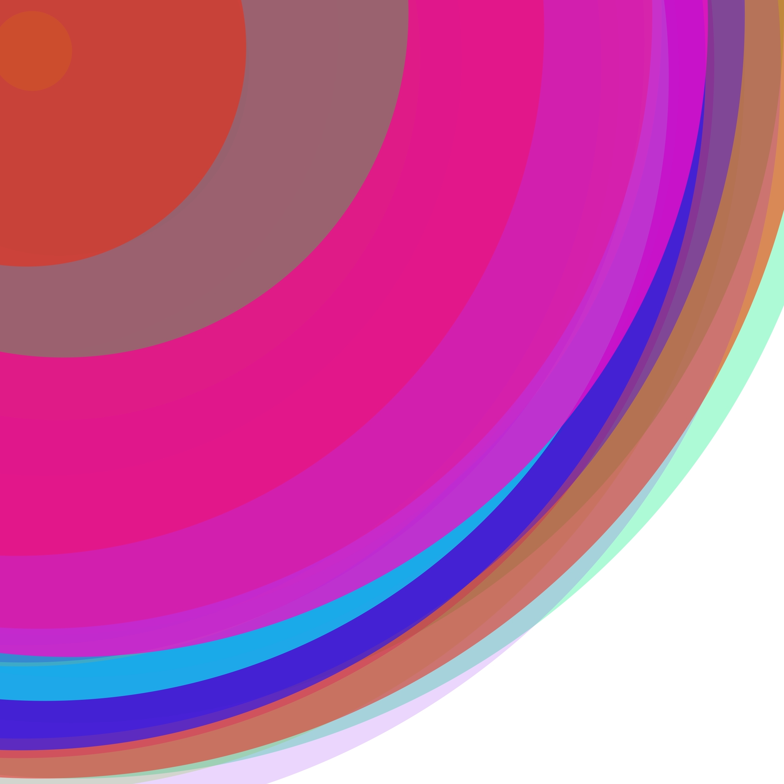 Abstract, generative art print of multiple, colourful, randomly placed, overlapping eccentric circles on a white background.