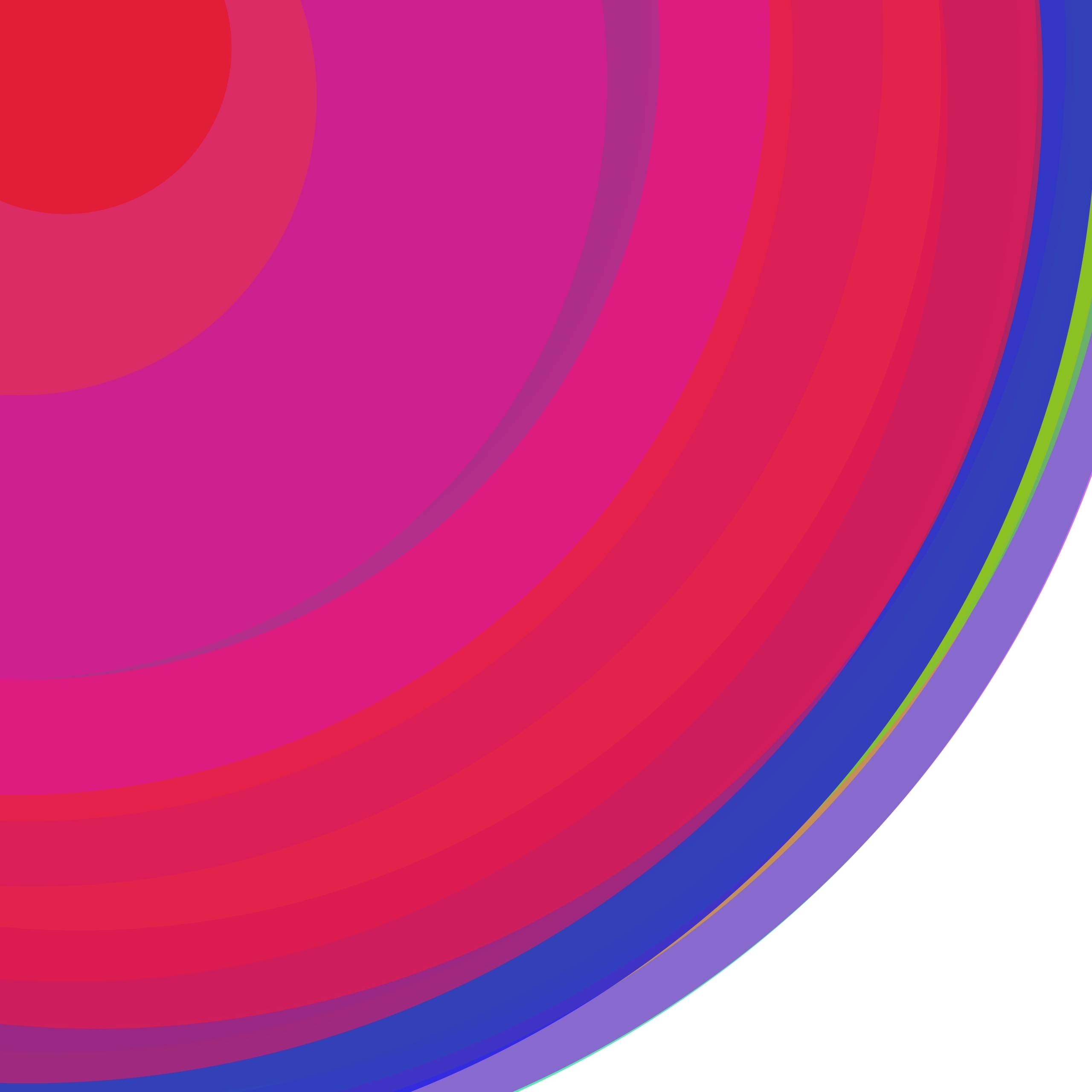 Abstract, generative art print of multiple, colourful, randomly placed, overlapping eccentric circles on a white background.