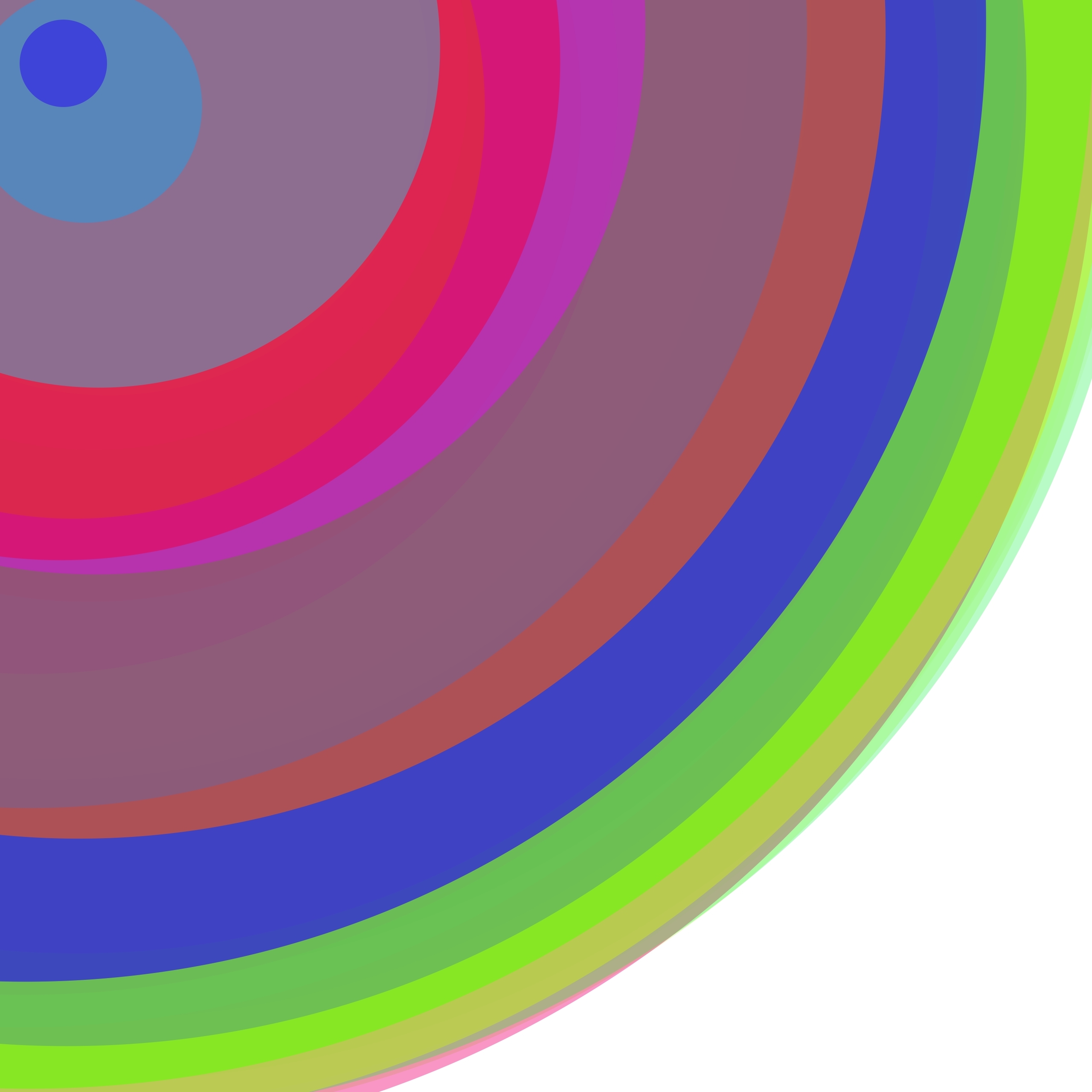 Abstract, generative art print of multiple, colourful, randomly placed, overlapping eccentric circles on a white background.