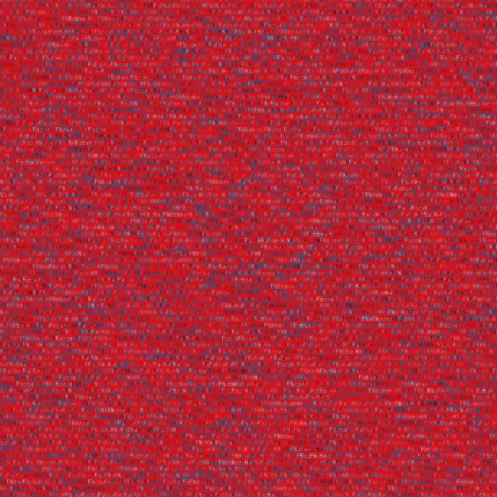 Square, abstract, generative art print of red, blue, green hessian like mesh formed from letters of the word 'factor 8'.