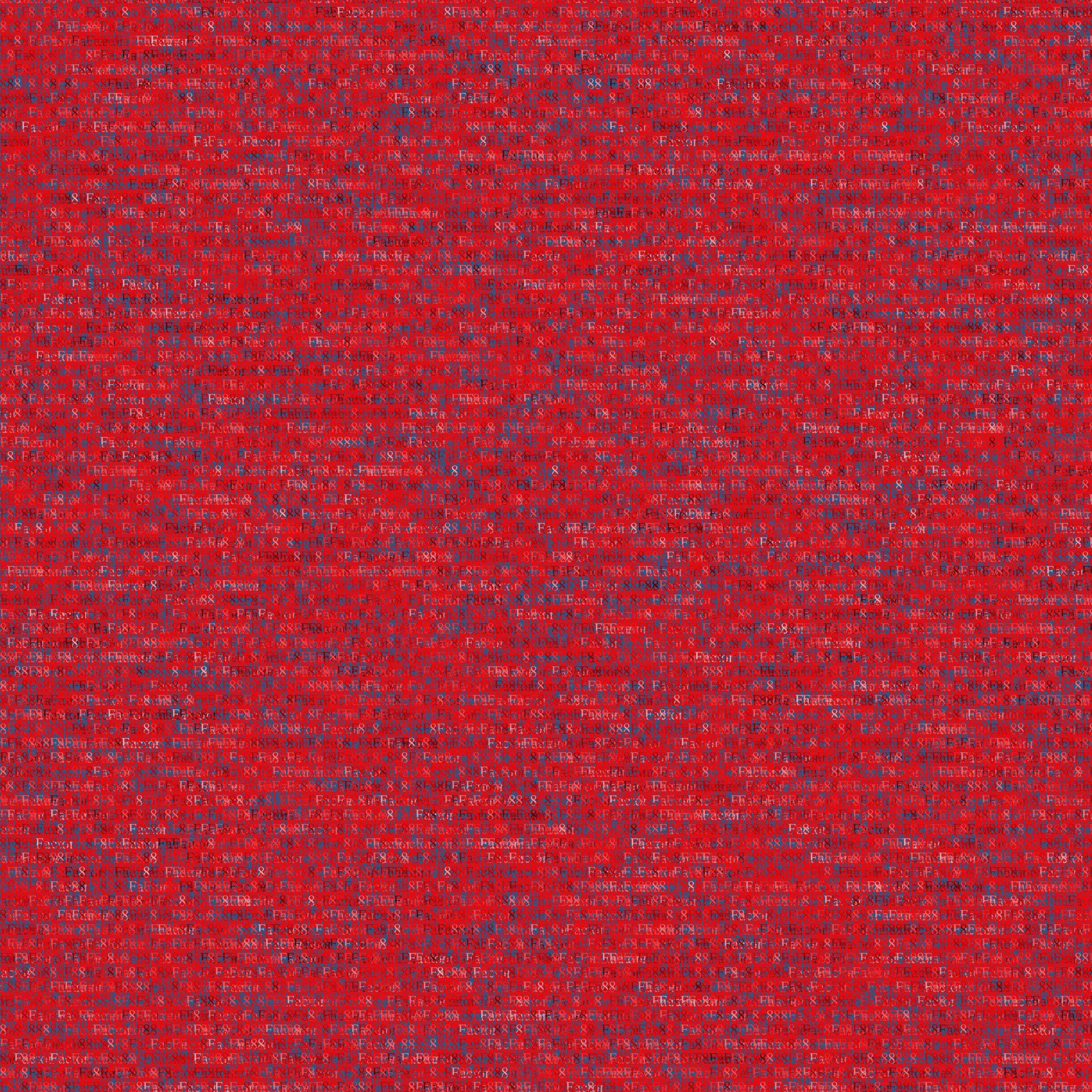 Square, abstract, generative art print of red, blue, green hessian like mesh formed from letters of the word 'factor 8'.