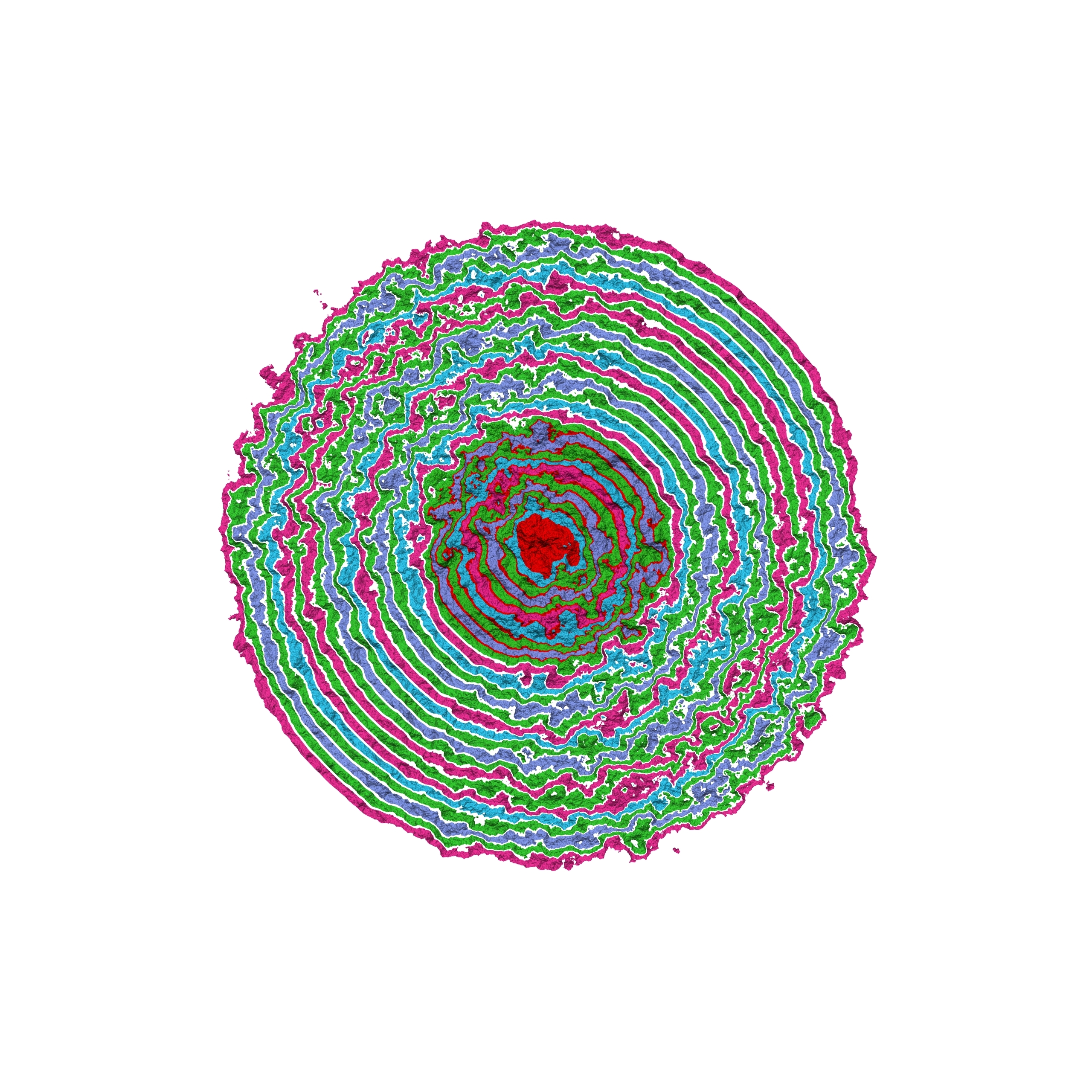 Generative art print of multiple abstract, multi-colour, concentric circles, radiating from small to large simulating Anemone petals.