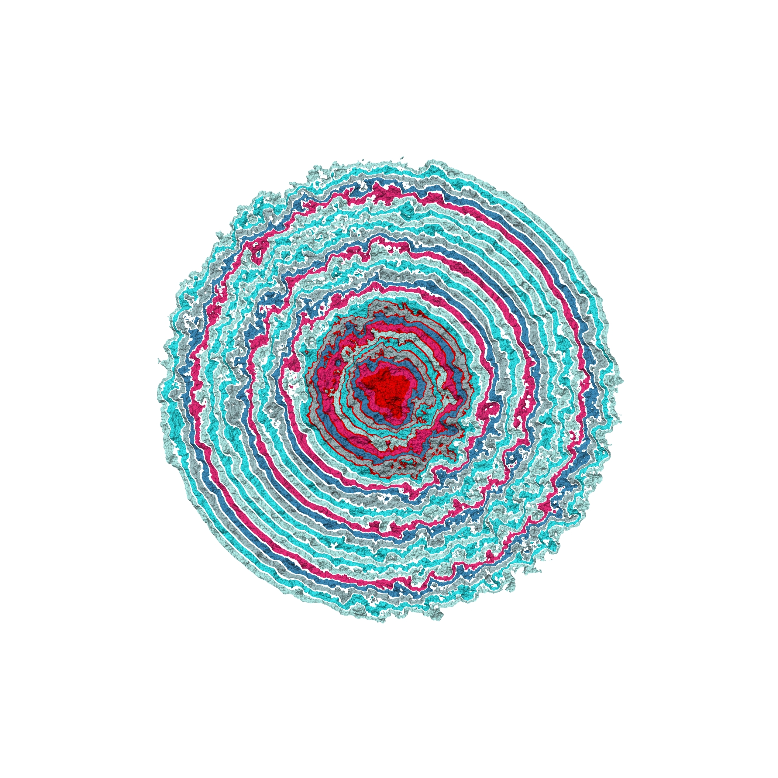 Generative art print of multiple abstract, multi-colour, concentric circles, radiating from small to large simulating Anemone petals.