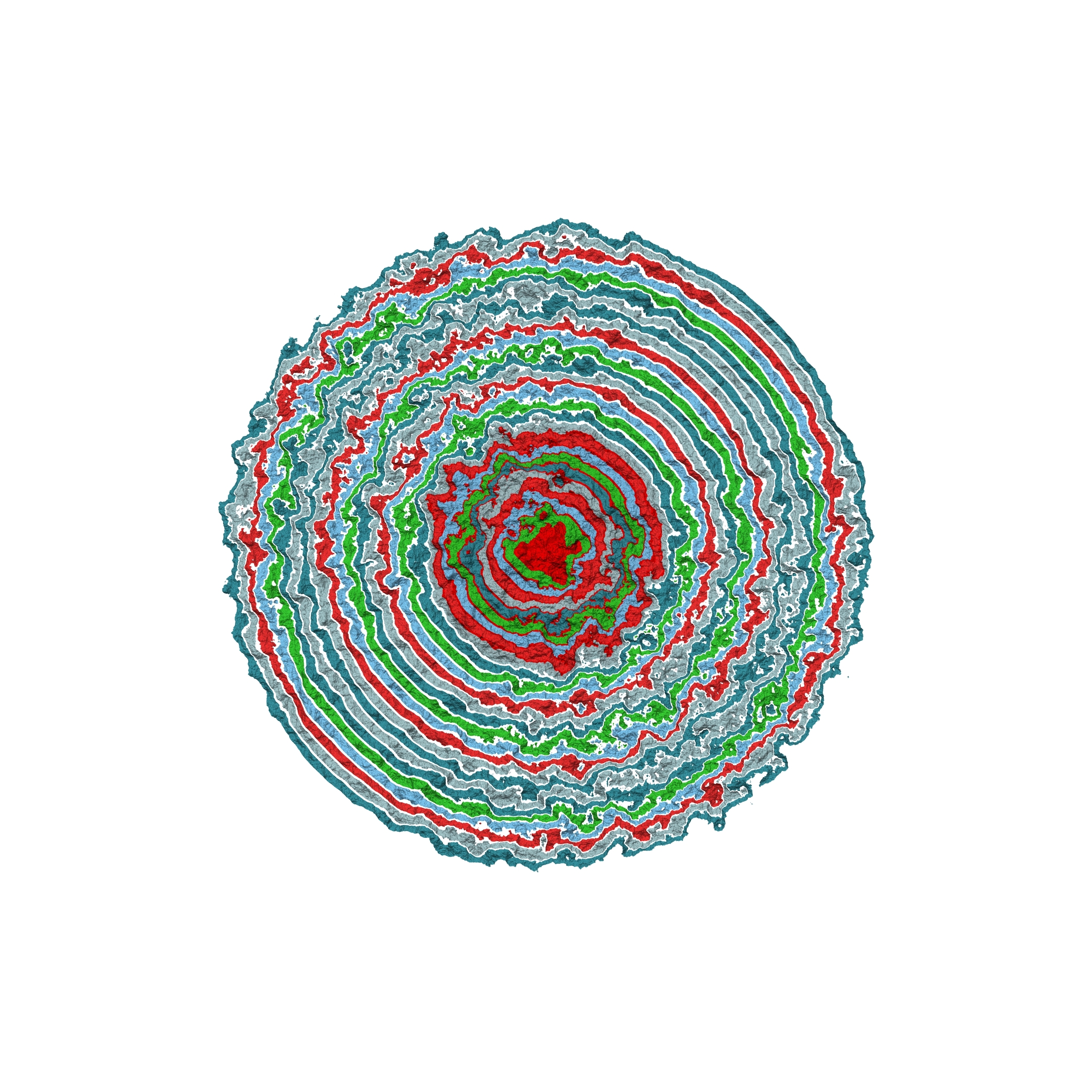 Generative art print of multiple abstract, multi-colour, concentric circles, radiating from small to large simulating Anemone petals.