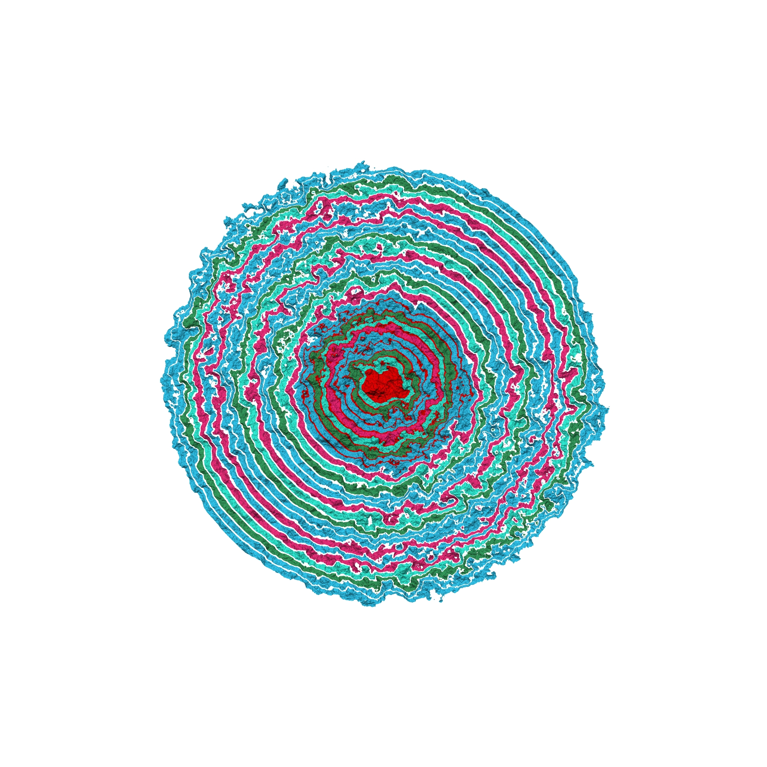 Generative art print of multiple abstract, multi-colour, concentric circles, radiating from small to large simulating Anemone petals.