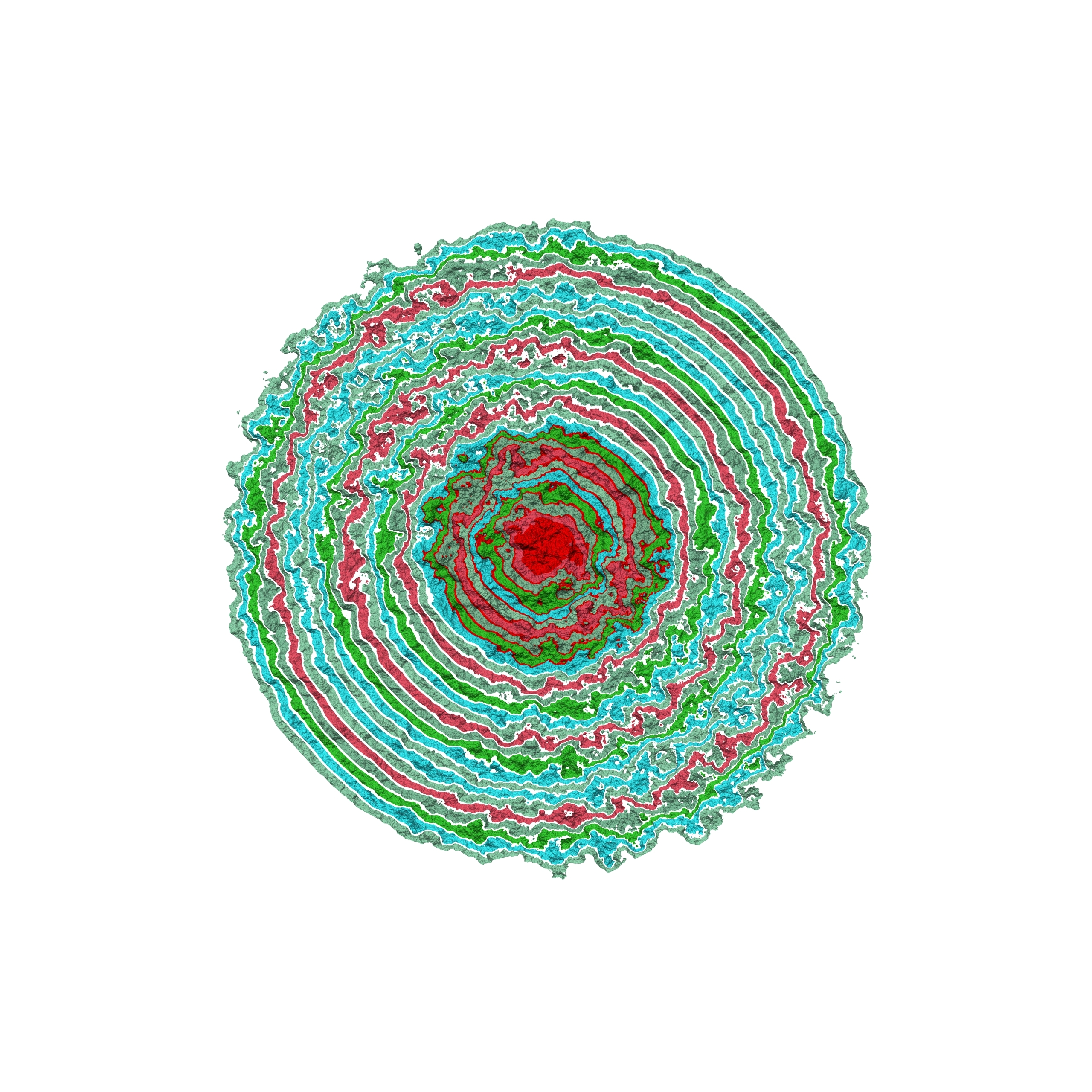 Generative art print of multiple abstract, multi-colour, concentric circles, radiating from small to large simulating Anemone petals.