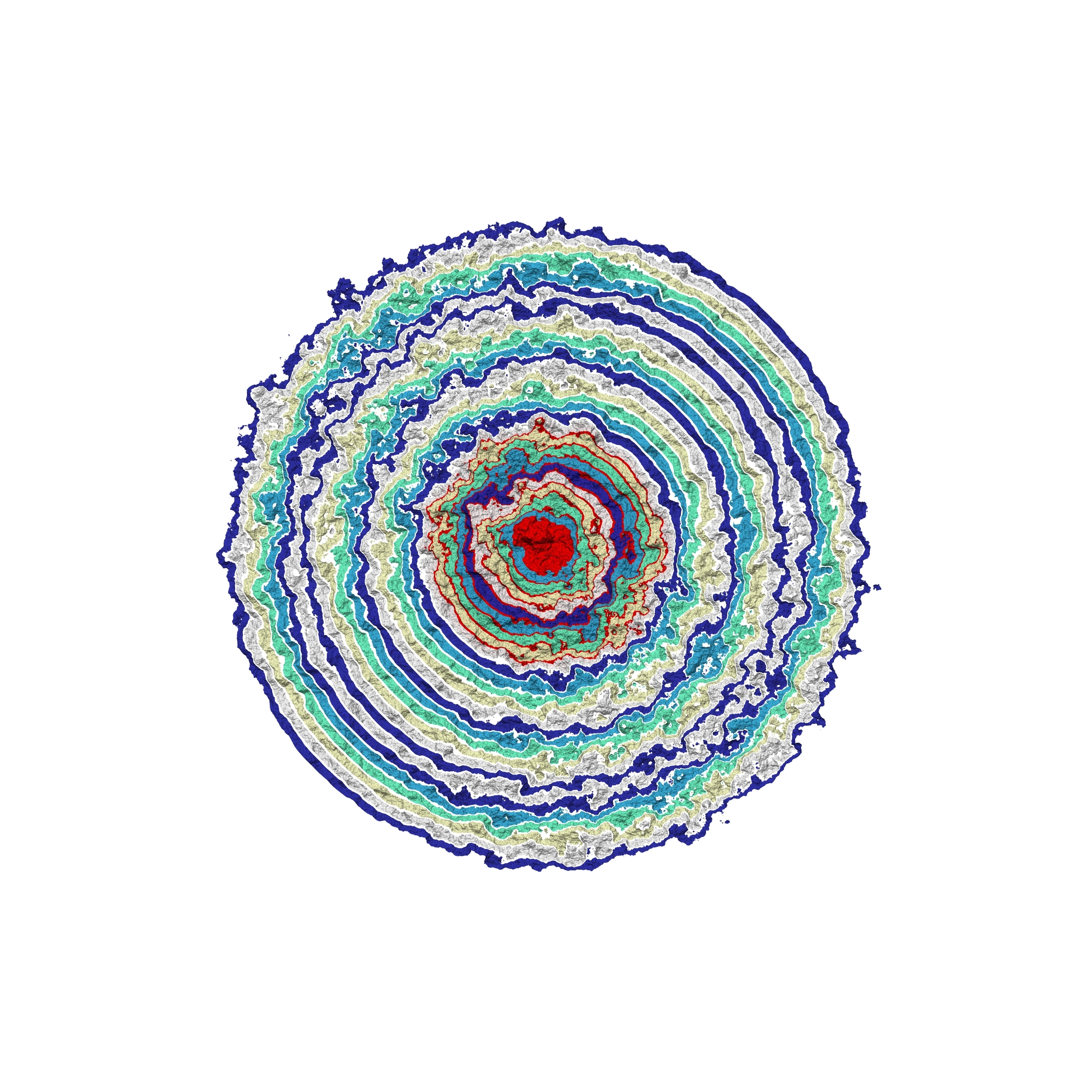 Generative art print of multiple abstract, multi-colour, concentric circles, radiating from small to large simulating Anemone petals.