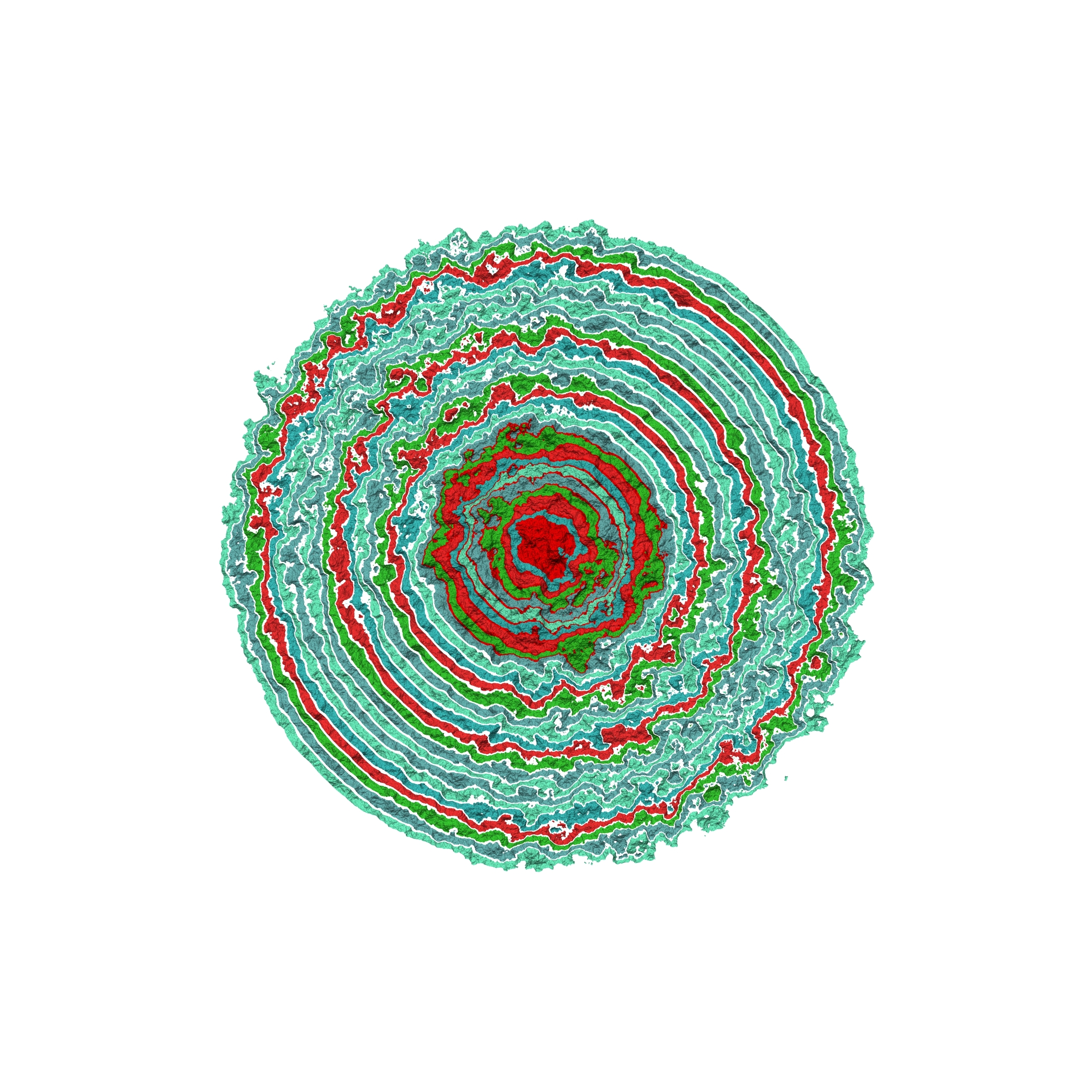 Generative art print of multiple abstract, multi-colour, concentric circles, radiating from small to large simulating Anemone petals.