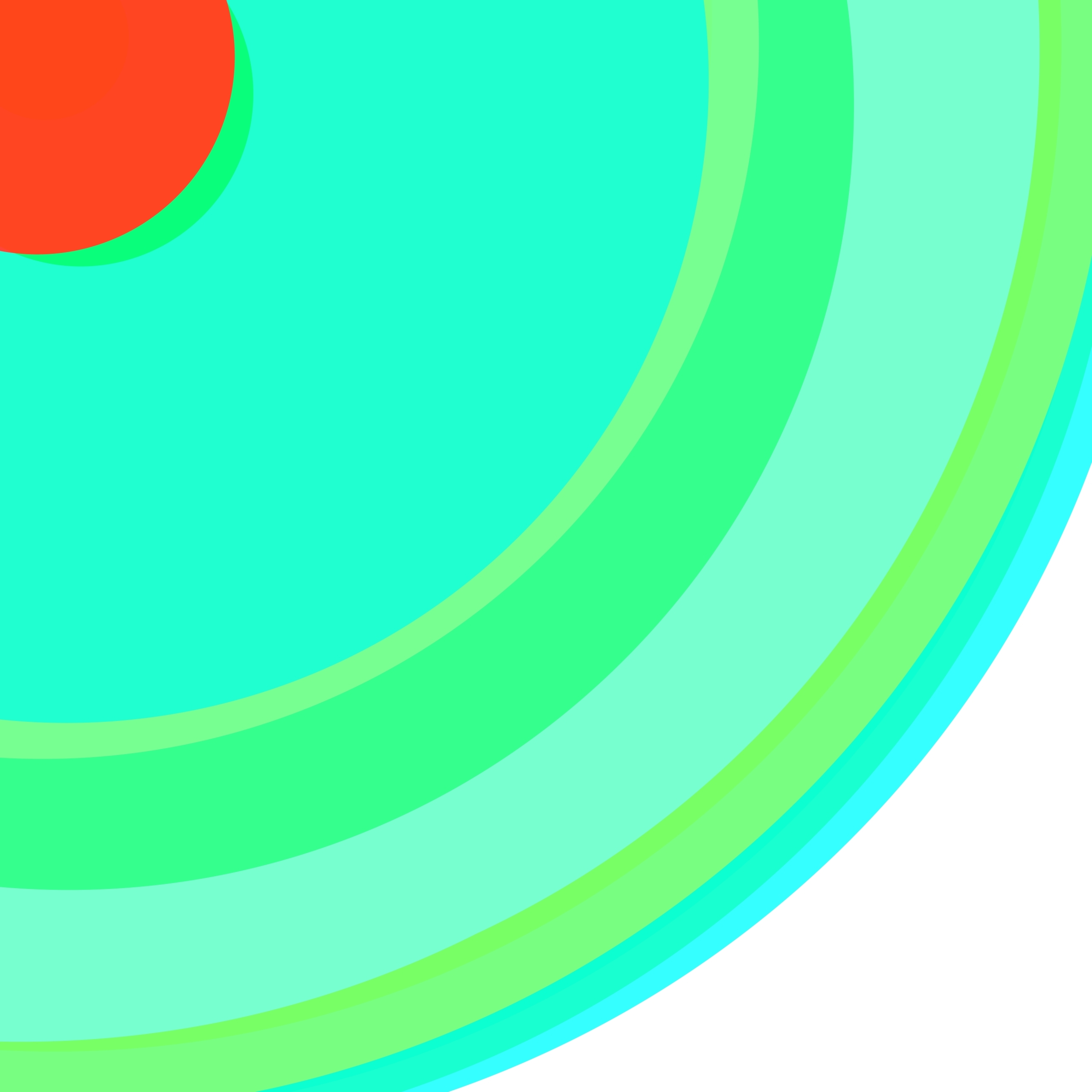 Abstract, generative art print of multiple, colourful, randomly placed, overlapping eccentric circles on a white background.