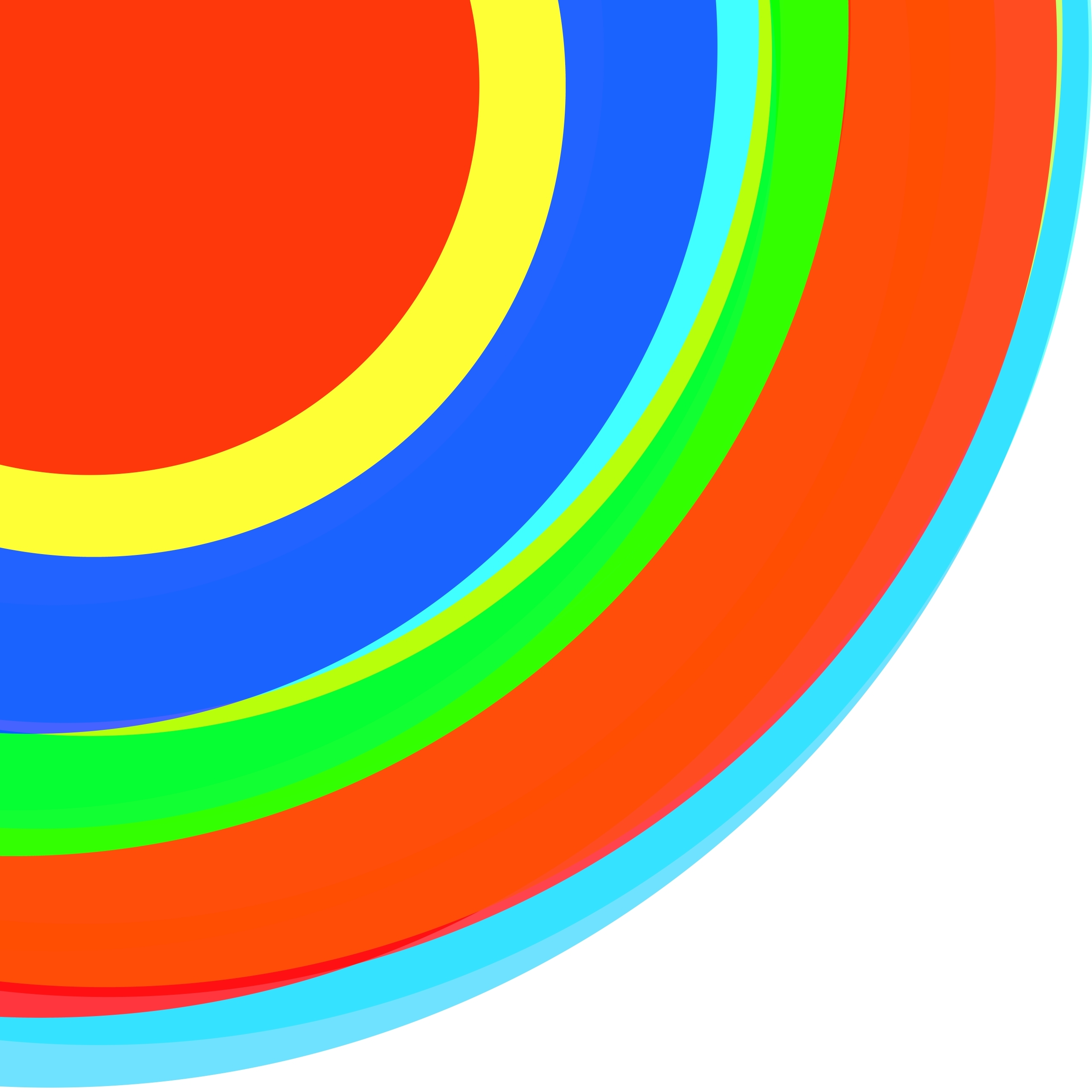 Abstract, generative art print of multiple, colourful, randomly placed, overlapping eccentric circles on a white background.