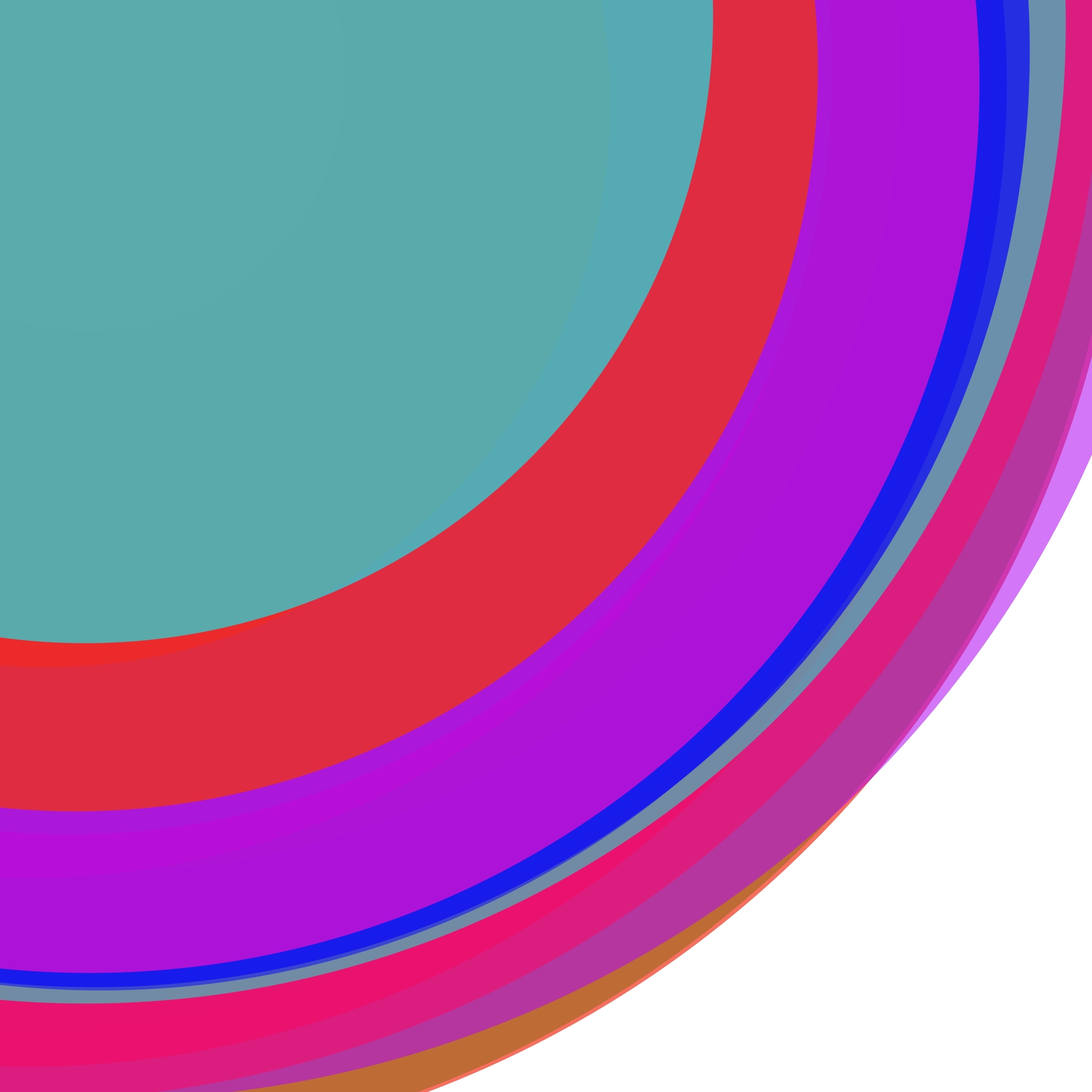 Abstract, generative art print of multiple, colourful, randomly placed, overlapping eccentric circles on a white background.