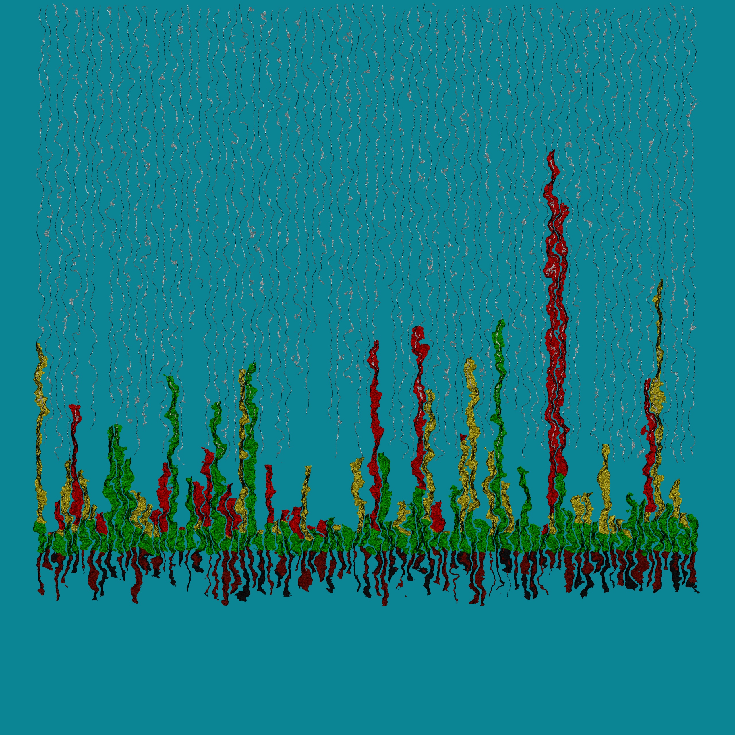 Square, generative art print of black & brown roots with multicolour abstract shaped plants growing upwards, against abstract rain on a dark teal green background.